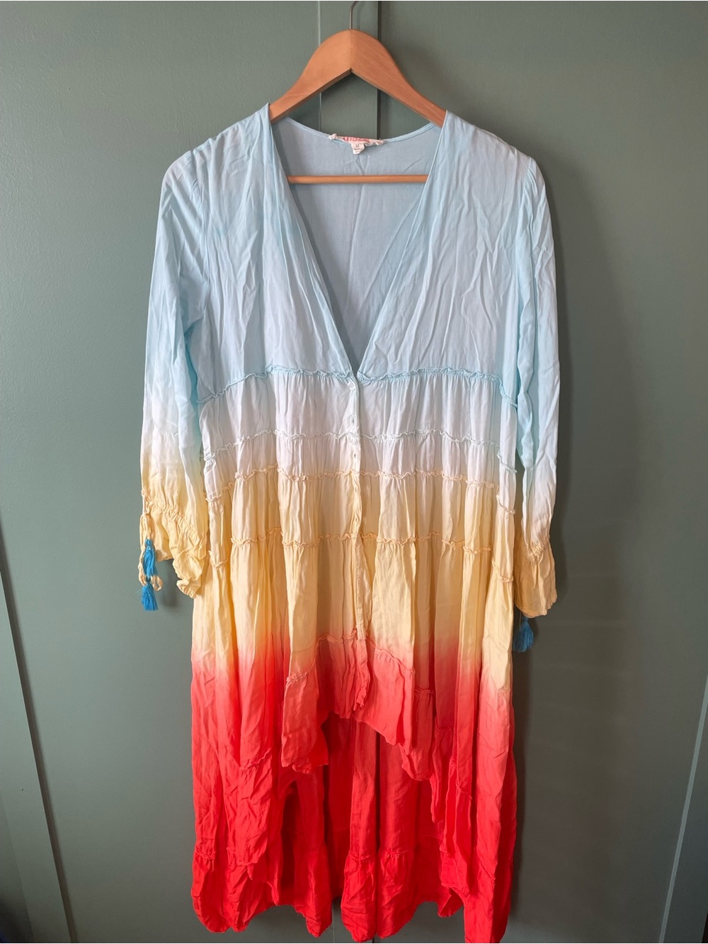 Mazik Ombre V-Neck High-Low Dress in Light Blue, Cream, Yellow & Coral